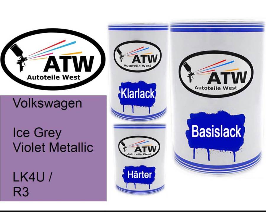 Volkswagen, Ice Grey Violet Metallic, LK4U / R3: 500ml Lackdose + 500ml Klarlack + 250ml Härter - Set, von ATW Autoteile West.